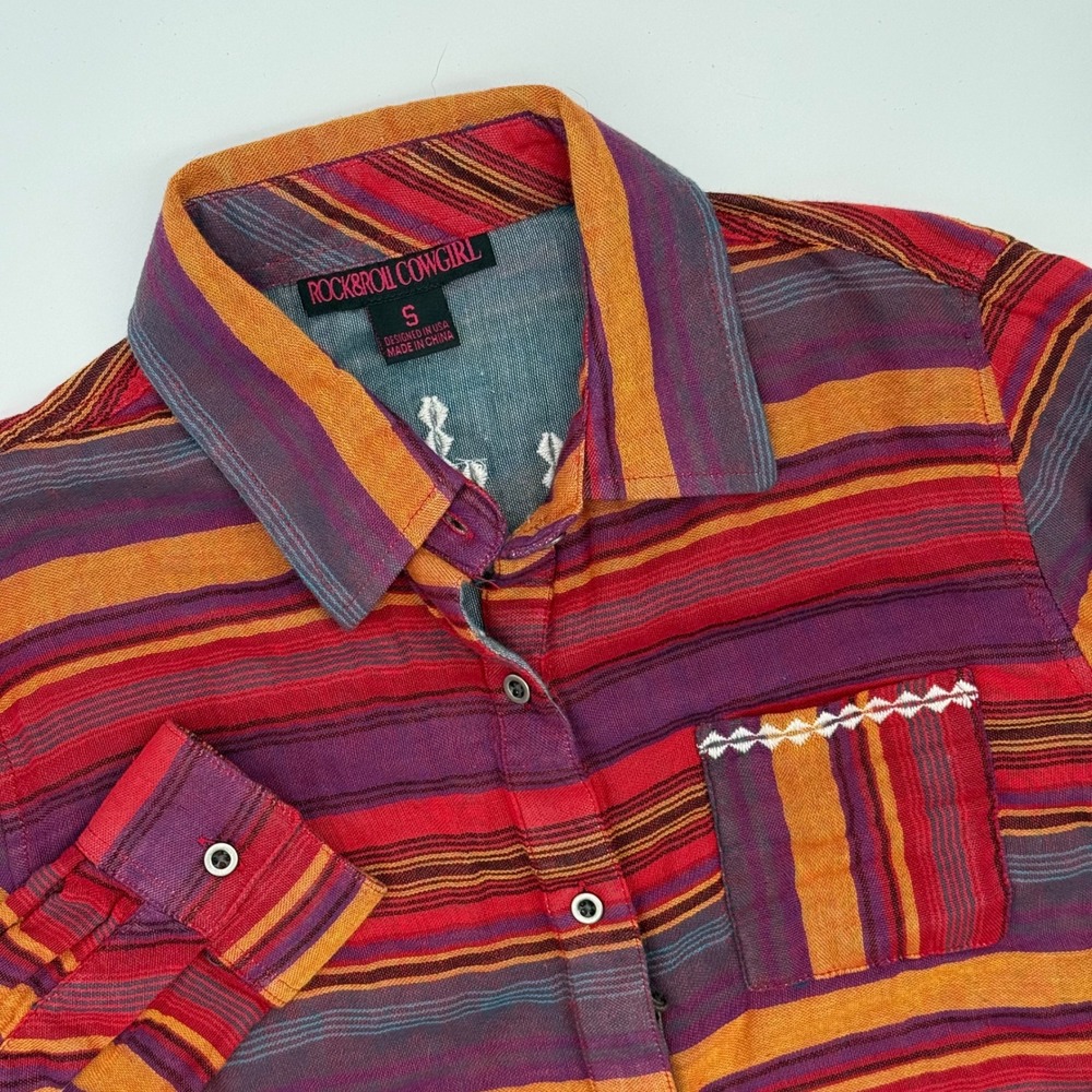 Rock & Roll Cowgirl Aztec Embroidered Striped Western Shirt - Size‎ S